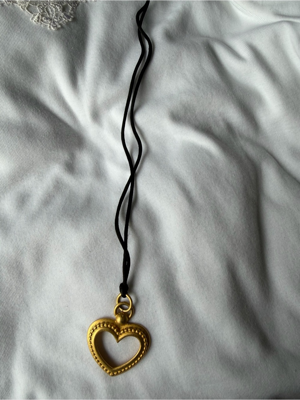 Vintage Gold-Tone Open Heart Charm Pendant Necklace on Black Cord, Love Theme
